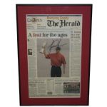Tiger Woods Signed The Herald - US Open Victory 2000 - Holding Trophy