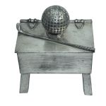 Early 1900’s Silver Plated Sand Tee Box on Stand & Adorned by Club & Mesh Golf Ball