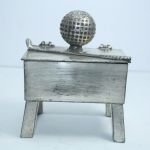 Early 1900’s Silver Plated Sand Tee Box on Stand & Adorned by Club & Mesh Golf Ball