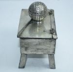 Early 1900’s Silver Plated Sand Tee Box on Stand & Adorned by Club & Mesh Golf Ball