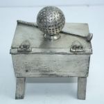 Early 1900’s Silver Plated Sand Tee Box on Stand & Adorned by Club & Mesh Golf Ball