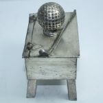 Early 1900’s Silver Plated Sand Tee Box on Stand & Adorned by Club & Mesh Golf Ball