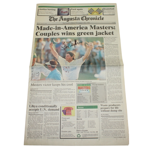 Fred Couples Signed April 13, 1992 Augusta Chronicle Newspaper JSA ALOA