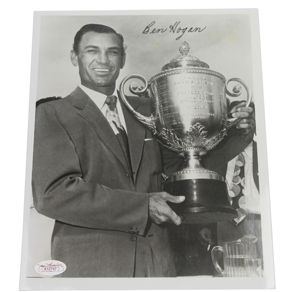 Ben Hogan Signed 8x10 B&W Photo Holding Trophy JSA #A12747