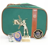 G.P. Misc Lot: Walter O'Malley Trophy, 1968 Presidents Party Shot Glass, 2 Crests, G. P. Bag