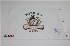 Dustin Johnson Signed 2016 US Open at Oakmont White Embroidered Flag JSA #P67604