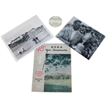 1948 US Open Lot - Program, Hogan with Trophy Photo, Course During Play Photo, and Bag Tag