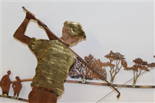 Unique Copper/Brass Golf Wall Structure Tee Shot by Golfer in Knickers with Onlookers