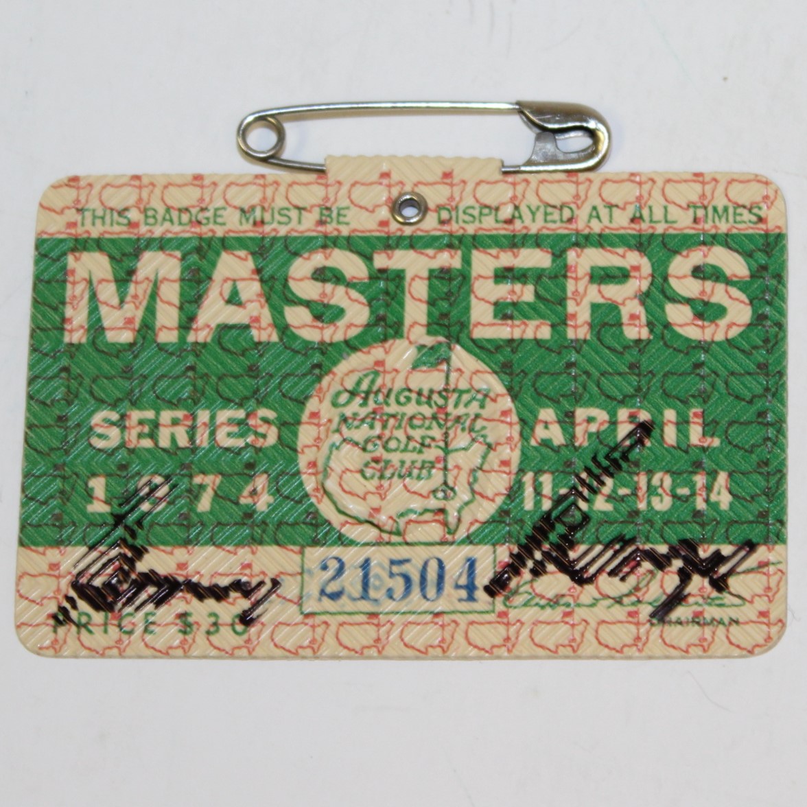 Lot Detail - Gary Player Signed 1974 Masters Series Badge #21504 JSA ALOA