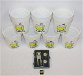Seven 2002 Masters Course Cups with Divot Tool Set & Commemorative Pin