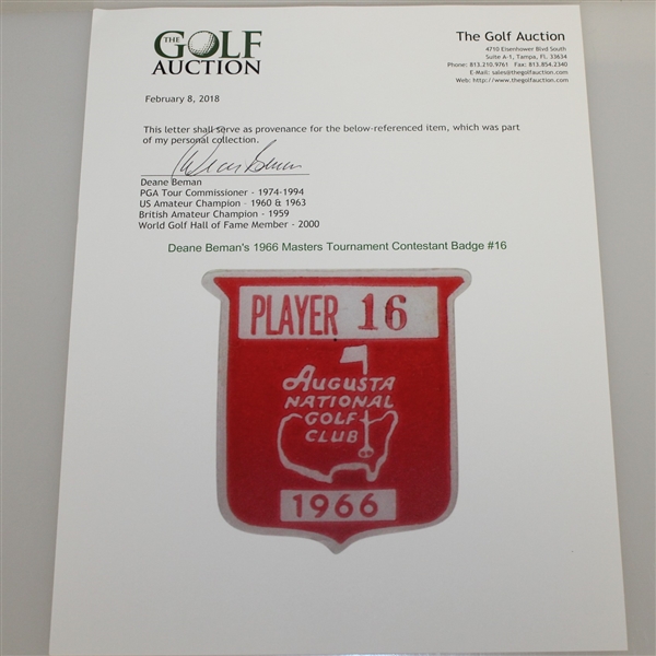 Deane Beman's 1966 Masters Tournament Contestant Badge #16 - Nicklaus Win