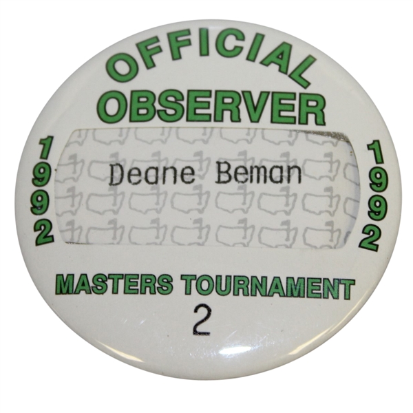 Deane Beman's 1992 Masters Tournament Official Observer Badge #2 - Fred Couples Winner