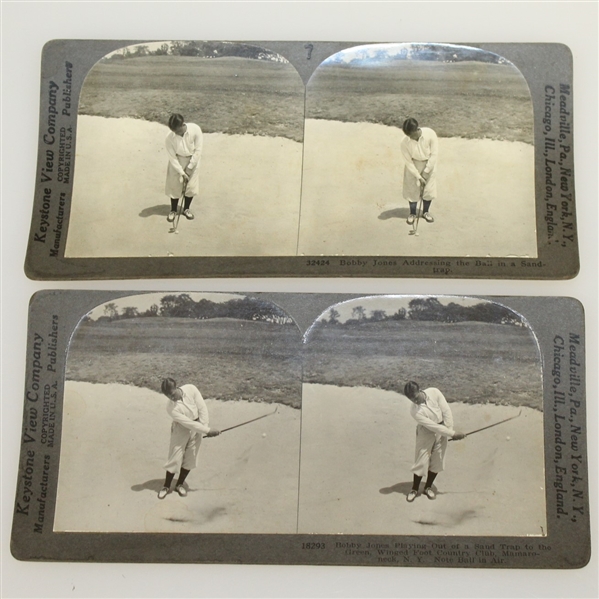 Two Bobby Jones Keystone View Company Stereograph Golf Cards - Out of Sand Bunker