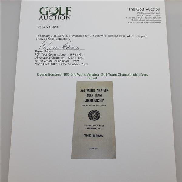 1960 2nd World Amateur Golf Team Championship Draw Sheet - Deane Beman Collection