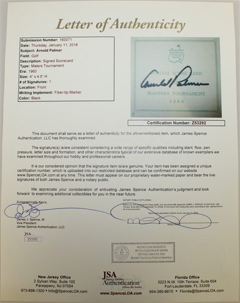 Arnold Palmer Signed 1960 Masters Tournament Official Scorecard FULL JSA #Z53292