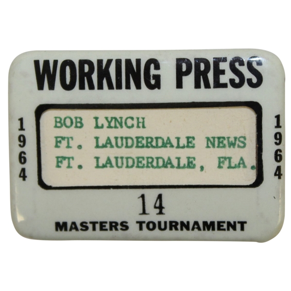 1964 Masters Tournament Working Press Badge #14 - Palmer Final Masters Win