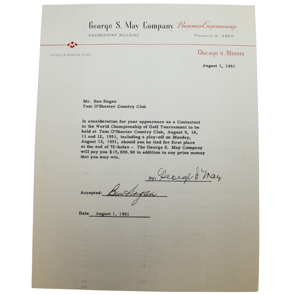 Ben Hogan Signed August 1, 1951 George May Contestant Pay Contract JSA ALOA