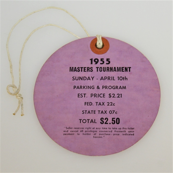 1955 Masters Tournament Serviceman's Ticket #299 - Cary Middlecoff Winner