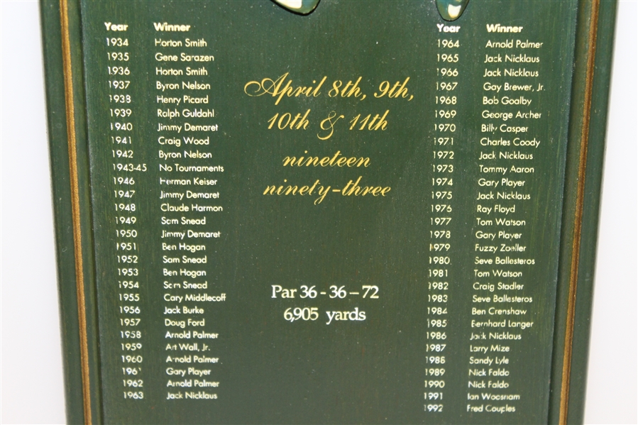 1993 Masters Tournament Wood Plaque Listing All Winners & Current Winner Bernhard Langer