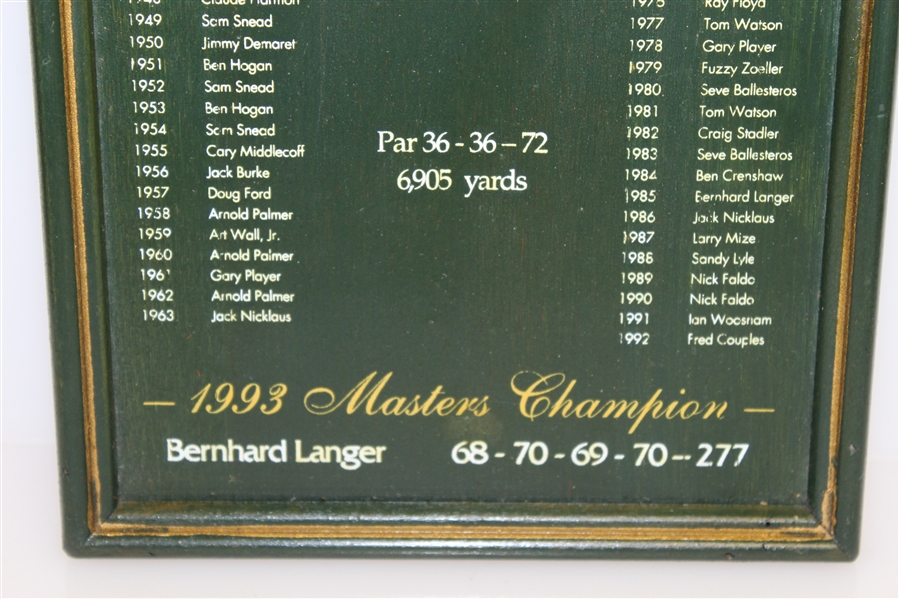 1993 Masters Tournament Wood Plaque Listing All Winners & Current Winner Bernhard Langer