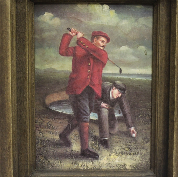 Vintage Golf Oil Painting - Post-Swing with Caddy - Framed