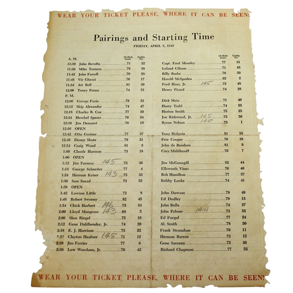 1949 Masters Friday Pairing Sheet - Sam Snead Winner