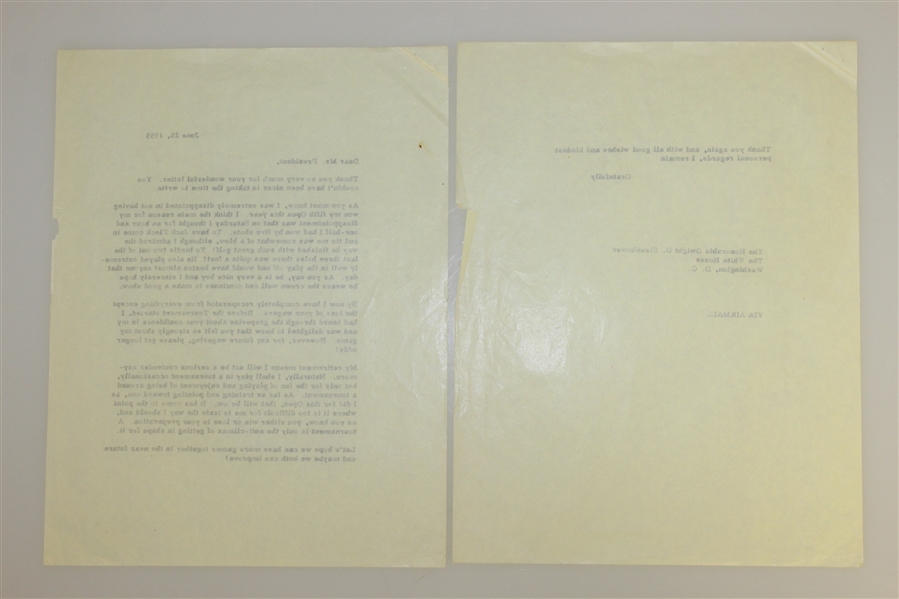 President Eisenhower Signed Letter to Ben Hogan after 1955 US Open Loss, Retirement, Gambling, etc Content JSA ALOA