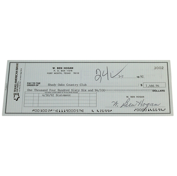 Ben Hogan's Signed Personal Check to Shady Oaks Country Club - 1992 JSA ALOA