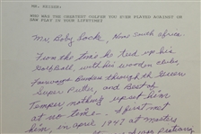 Herman Keiser Signed & Handwritten Response Letter Claiming Bobby Locke Best Player-'47 Masters Content- JSA ALOA