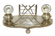 Circa 1910 Ornate Silver Silver Plate Inkwell with Golf Balls & Crossed Golf Clubs 