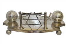 Circa 1910 Ornate Silver Silver Plate Inkwell with Golf Balls & Crossed Golf Clubs 
