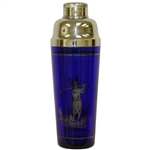 Blue Glass Sterling Silver Golfer Etched Cocktail Shaker with Cover