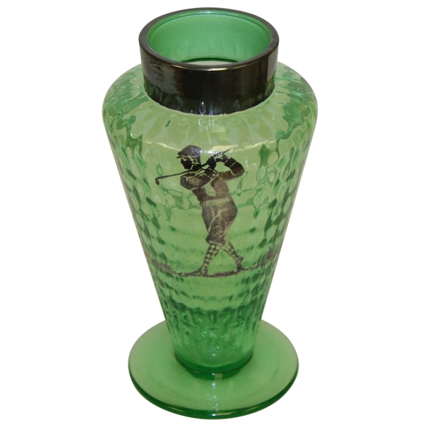 Sterling Silver Overlay Green Glass Vase with Three Golf Figures - Excellent Condition
