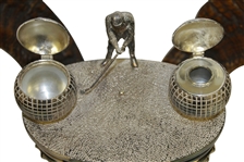 Ram Horn Inkwell Set with Silverplate Well, Golfing Figure, Horn Tips, & Spherical Inkwells