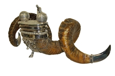 Ram Horn Inkwell Set with Silverplate Well, Golfing Figure, Horn Tips, & Spherical Inkwells