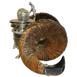 Ram Horn Inkwell Set with Silverplate Well, Golfing Figure, Horn Tips, & Spherical Inkwells