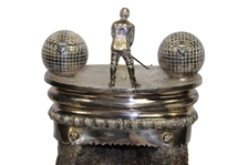 Ram Horn Inkwell Set with Silverplate Well, Golfing Figure, Horn Tips, & Spherical Inkwells