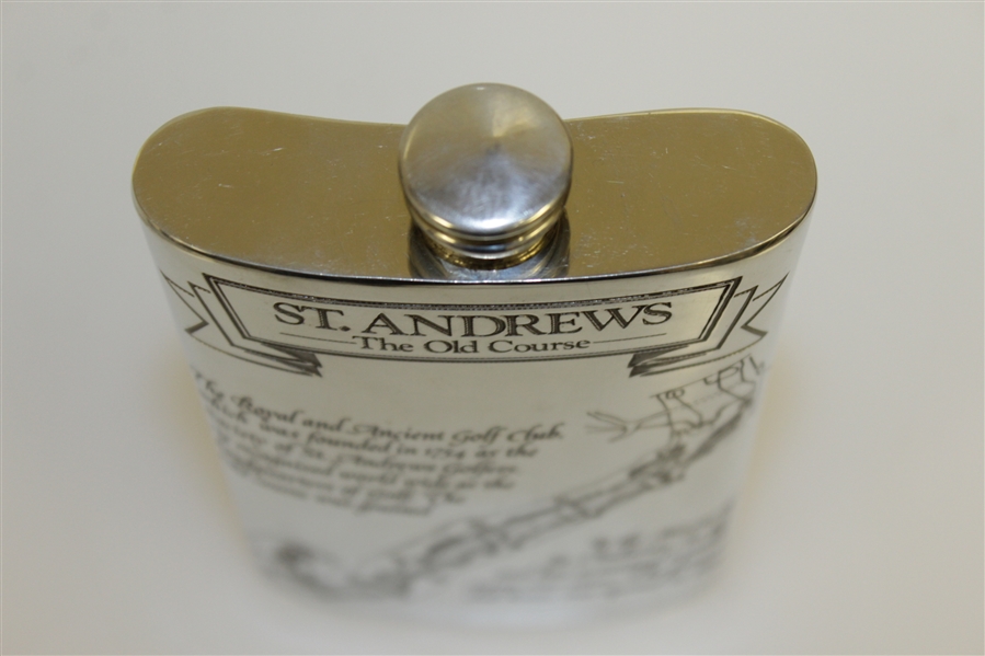 St. Andrews 'The Old Course' Pewter Flask with Course Layout - Great Condition with Original Funnel & Box