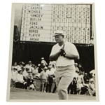 Jack Nicklaus UPI Wire Photo at Masters in Front of Scoreboard - April 11, 1967
