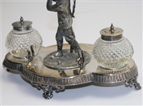 Silver Plated Desk Set Inkwell by Mappin & Webb w/Glass Etched Vase and Original Club