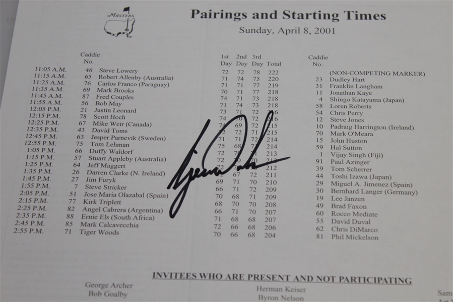Tiger Woods Signed 2001 Masters Tournament Final Rd Sunday Pairing Sheet JSA ALOA