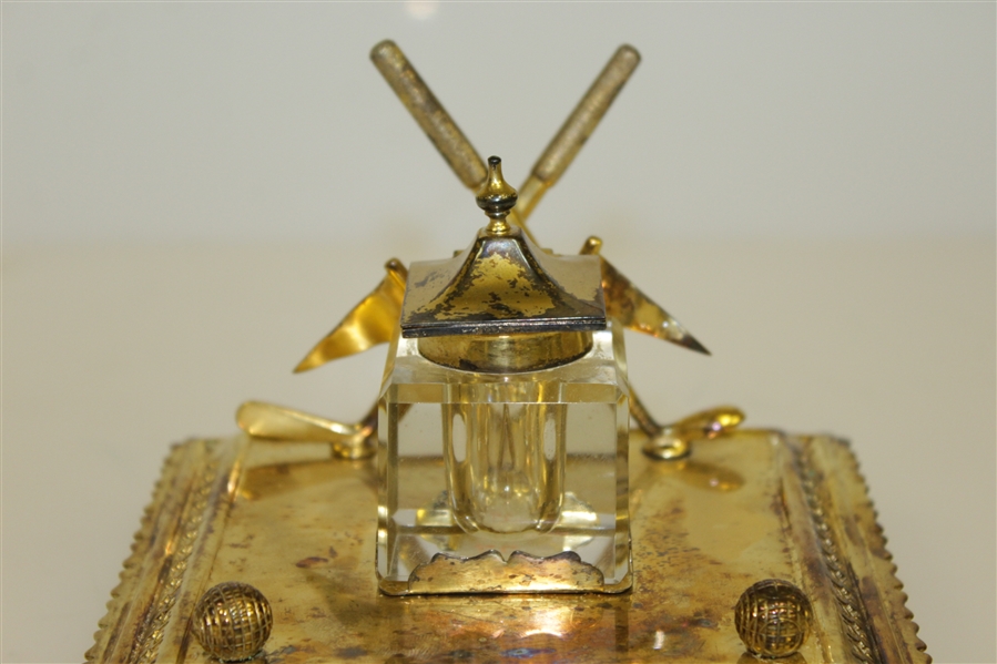 Golf Themed Vintage Inkwell With Crossed Clubs, Flagsticks & Gutty Balls - Ornate Design