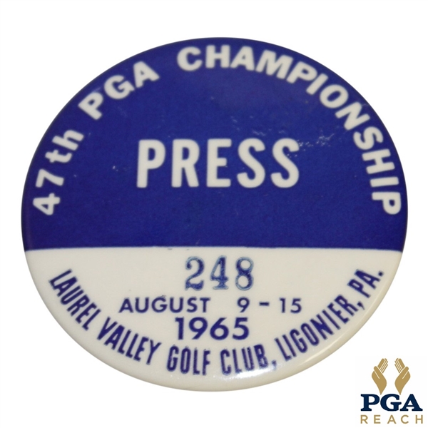 1965 PGA Championship at Laurel Valley GC Press Credentials Badge - Dave Marr Win