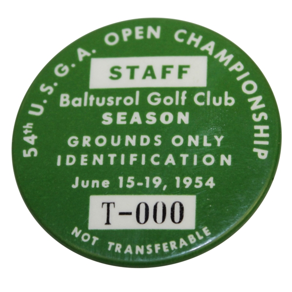 1954 US Open Series Badge - 'Season' Admittance & Numbered T-000 - Ed Furgol Win