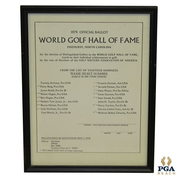 1974 Inaugural World Golf Hall of Fame Class Voting Ballot in Frame in Pinehurst, NC - Jones, Nicklaus, Morris Etc.