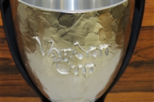 Silverplate Vardon Cup w/ Embossed Lettering & Hammered-Like Surface in Wood Case