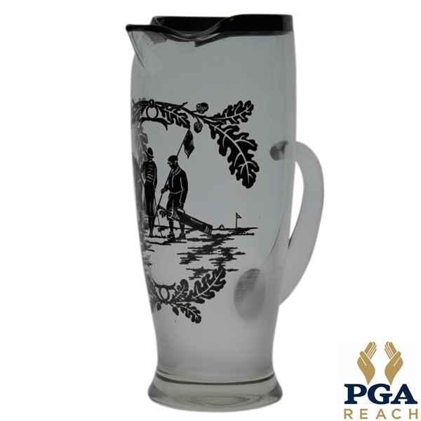 Silver Overlay Golf Figures On Clear Glass Pitcher