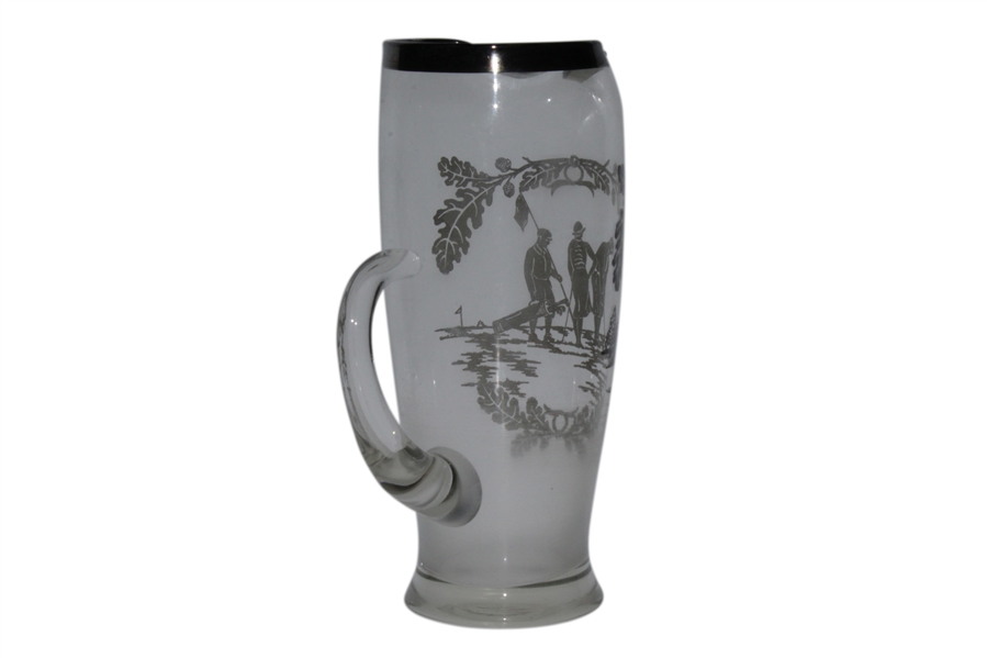Silver Overlay Golf Figures On Clear Glass Pitcher