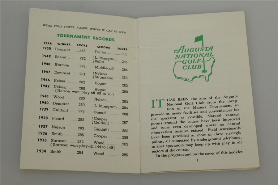 1951 Masters Tournament Spectator Guide - Ben Hogan Winner