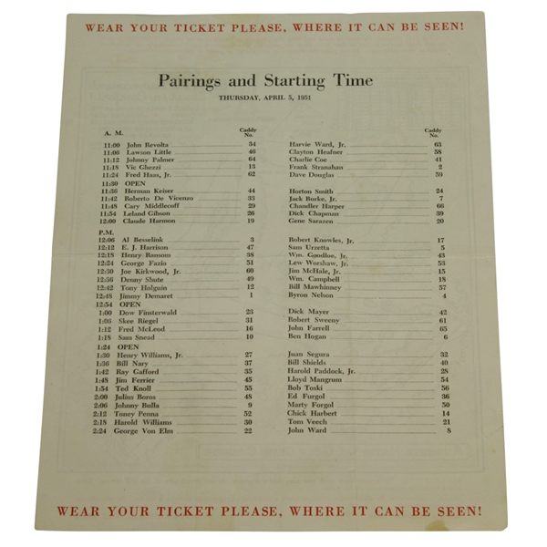 1951 Masters Tournament Thursday Pairing Sheet - Ben Hogan Winner